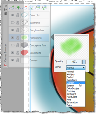 Applying the green highlighting layer with a lighten blend Applying the green highlighting layer with a lighten blend