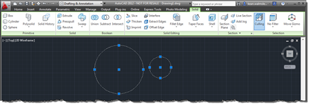 The Solid Modeling tab displayed contextually when two circles are selected The Solid Modeling tab displayed contextually when two circles are selected