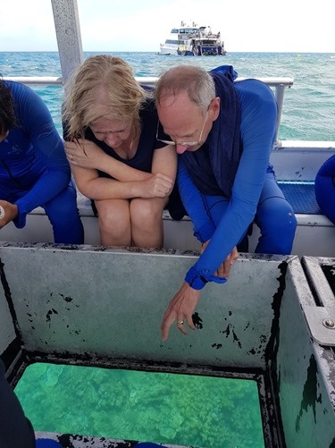 The glass-bottomed boat with the Reef Experience in the back ground The glass-bottomed boat with the Reef Experience in the back ground