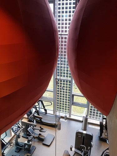 The saunas dangling over the fitness area The saunas dangling over the fitness area