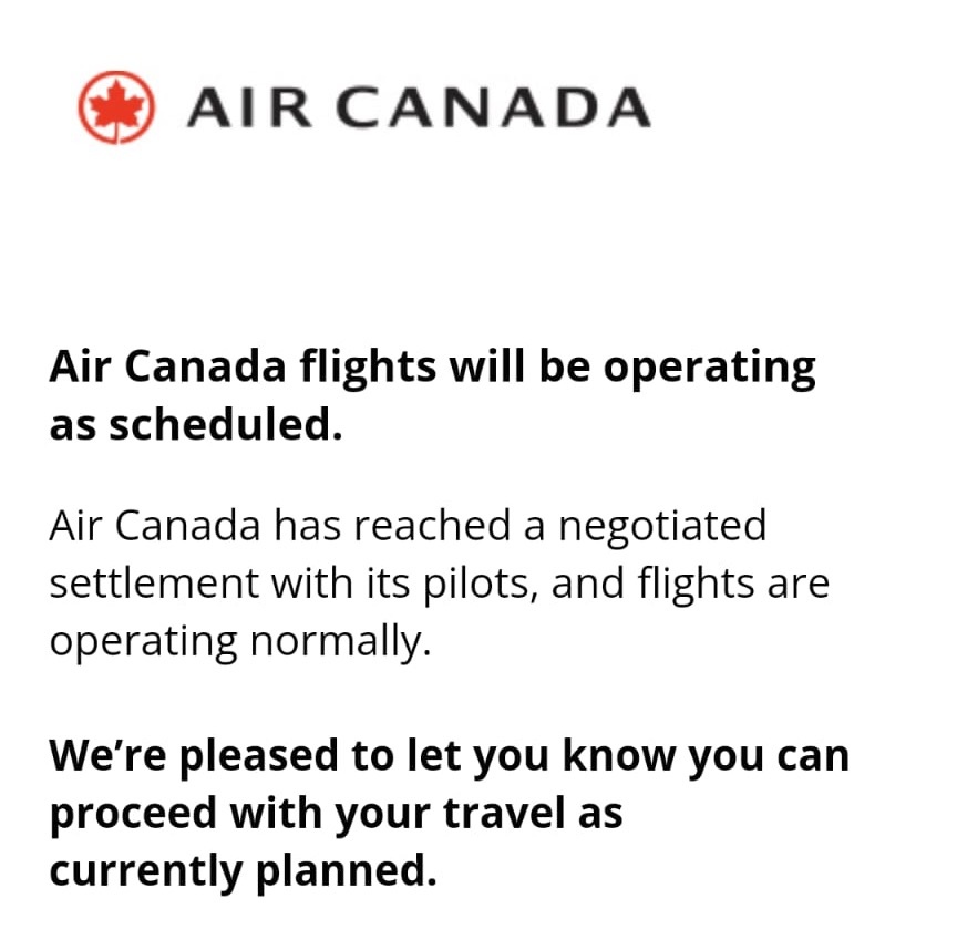 Air Canada notification Air Canada notification