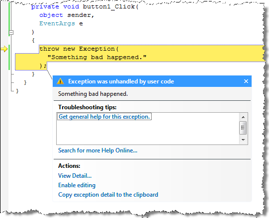 Unhandled exception break in debugger